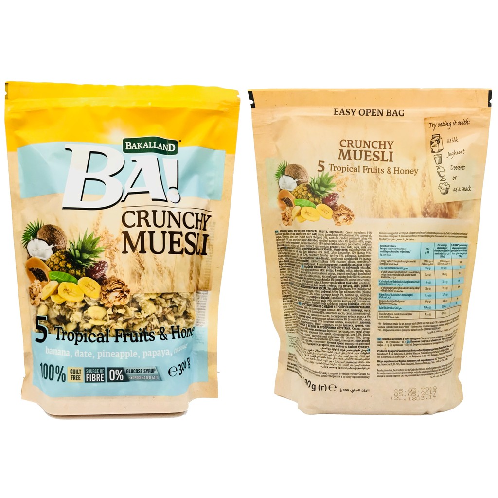 Ngũ cốc Trái Cây BAKALLAND Muesli giòn và trái cây nhiệt đới XANH BIỂN