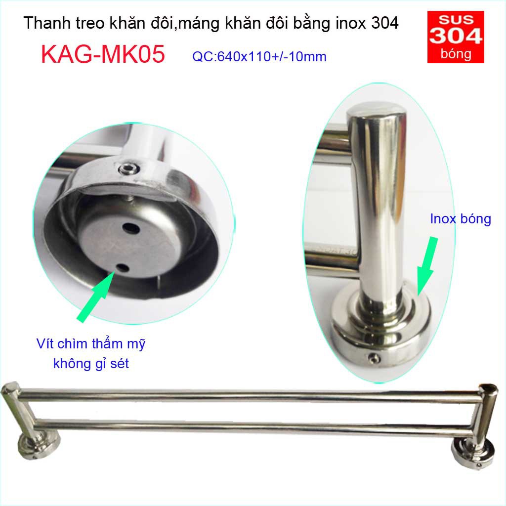 Thanh treo khăn đôi nhà tắm, giá treo khăn Inox, máng khăn KAG-MK05