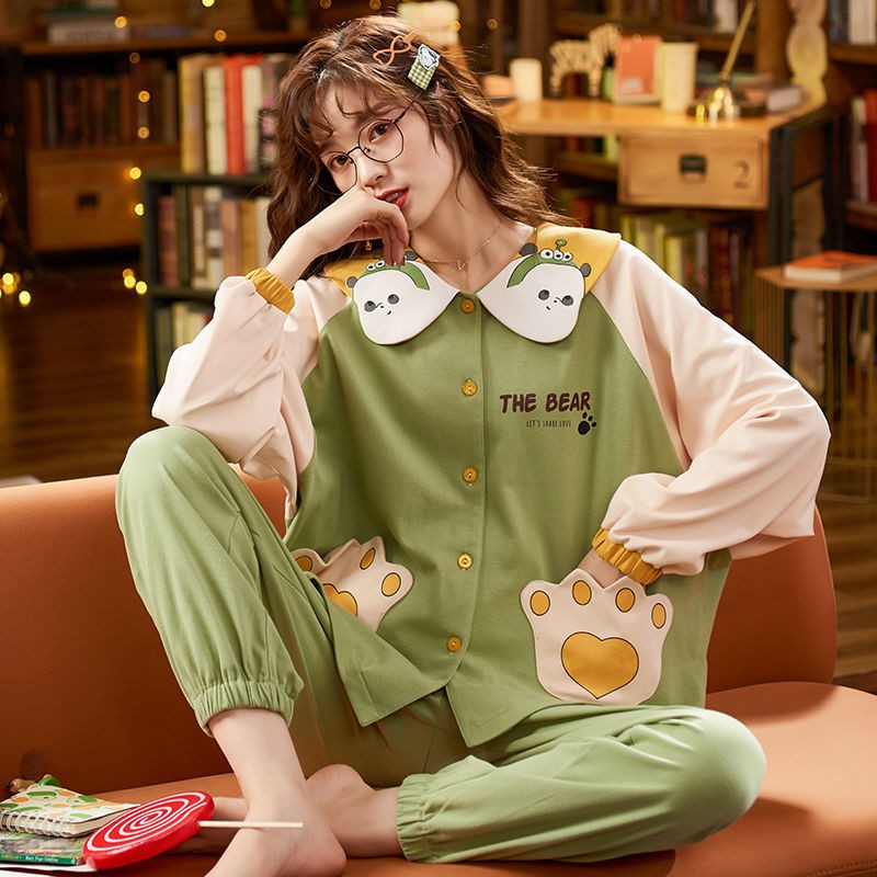 ❐Bộ đồ ngủ nữ cotton dài tay mùa xuân phiên bản Hàn Quốc của mặc nhà rộng rãi và thu tươi mát plus size học sinh