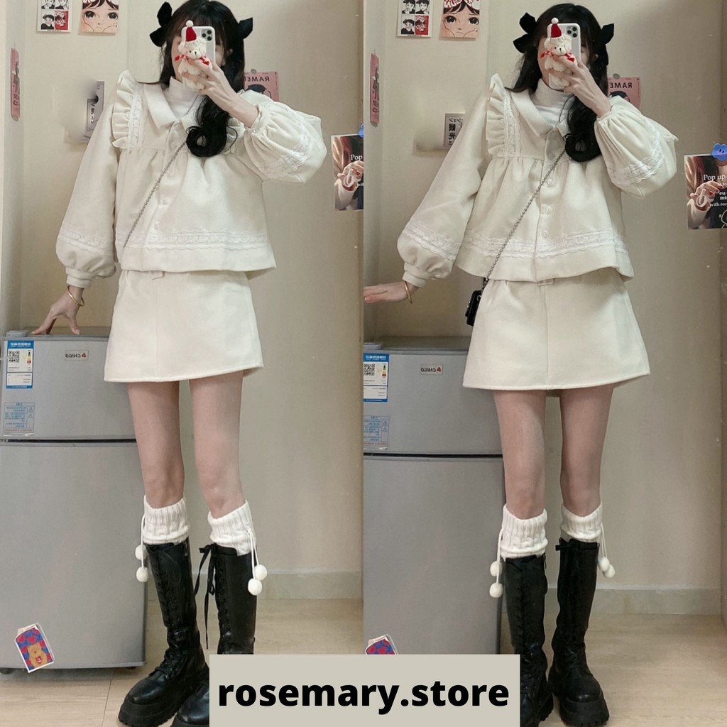 Set áo babydoll màu kem trắng sữa tay dài sơ mi cổ polo form ngắn croptop có nút cài váy lưng cao công sở ulzzang