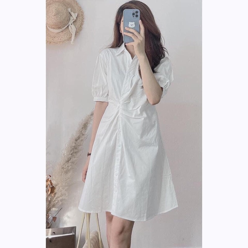 ĐẦM SƠ MI NHÚN EO TAY BỒNG