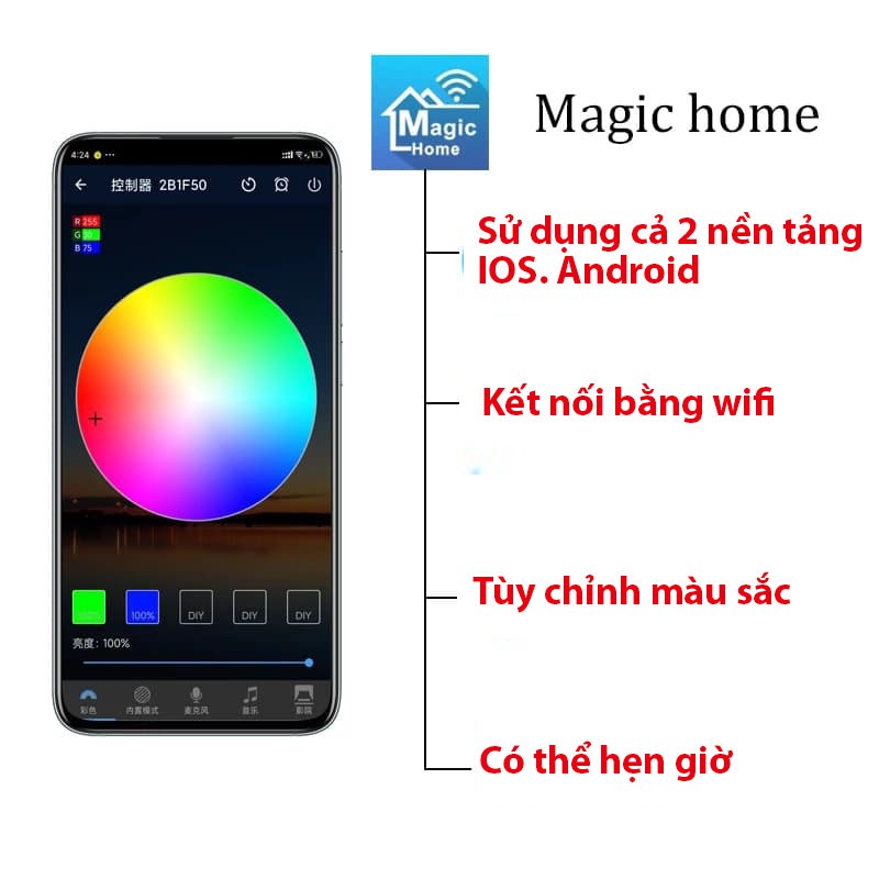 Đèn led tik tok đổi màu RGB 5m 5050 cảm biến nhạc, kết nối Wifi đèn led trang trí, dán tường điều kiển qua app