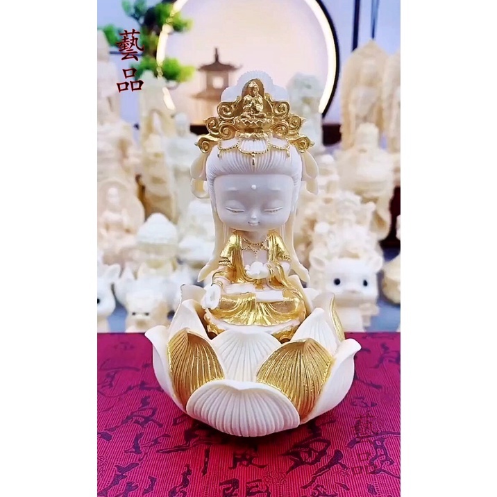 Tượng Quan Công Mini Chạm Khắc Hoa Sen Quan Âm Trang Trí Xe Hơi