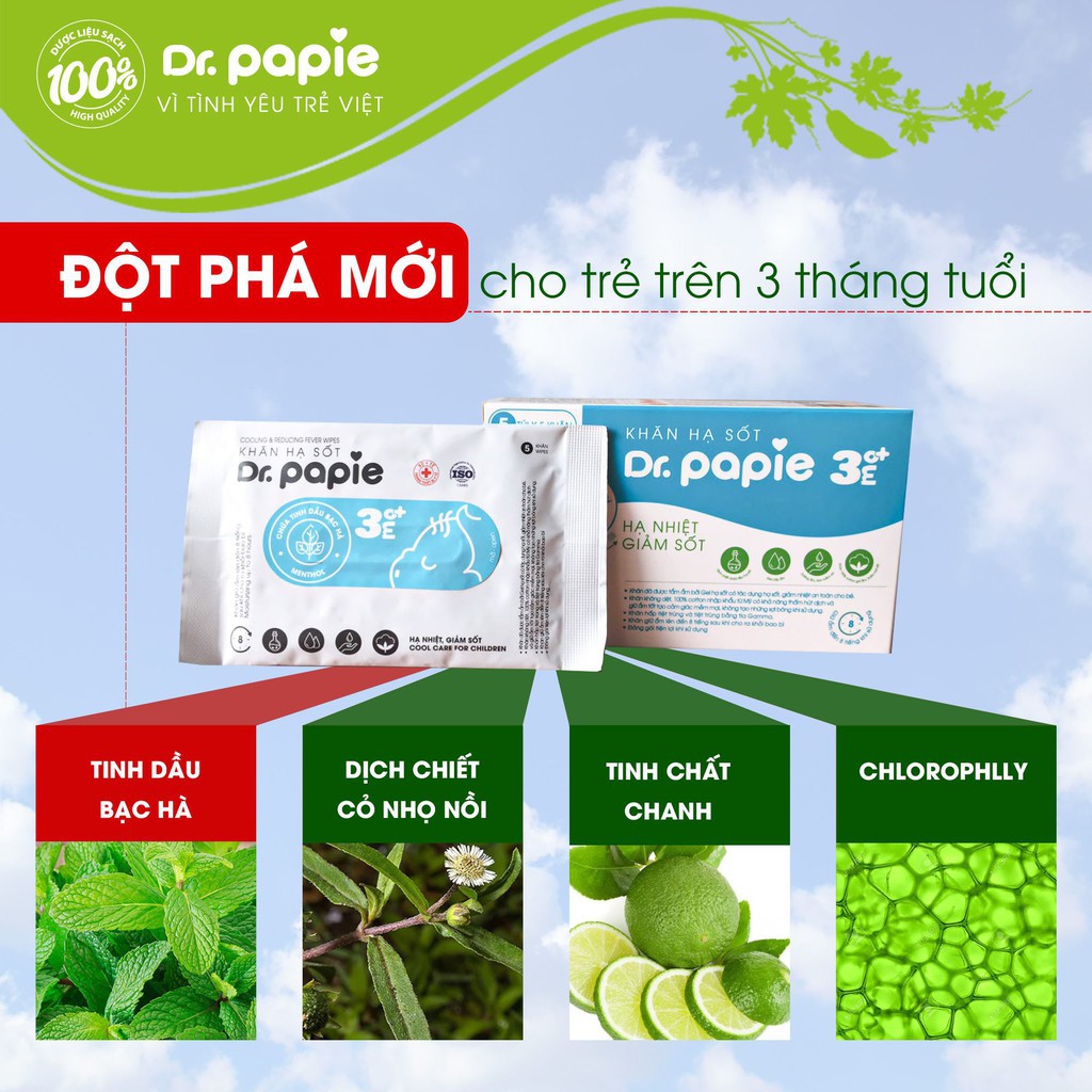 Khăn lau hạ nhiệt, giảm sốt thảo dược cho bé Dr papie (hộp/25 miếng)