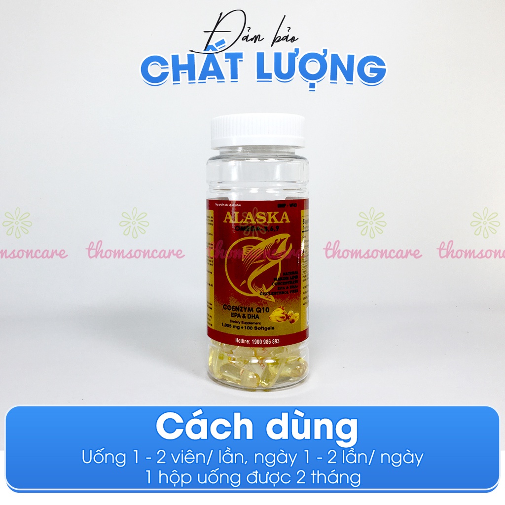 Dầu cá Alaska Hộp 100 viên bổ sung Omega 3 6 9, DHA EPA, có thêm dầu hoa anh thảo và coenzym q10, bổ mắt và tim mạch