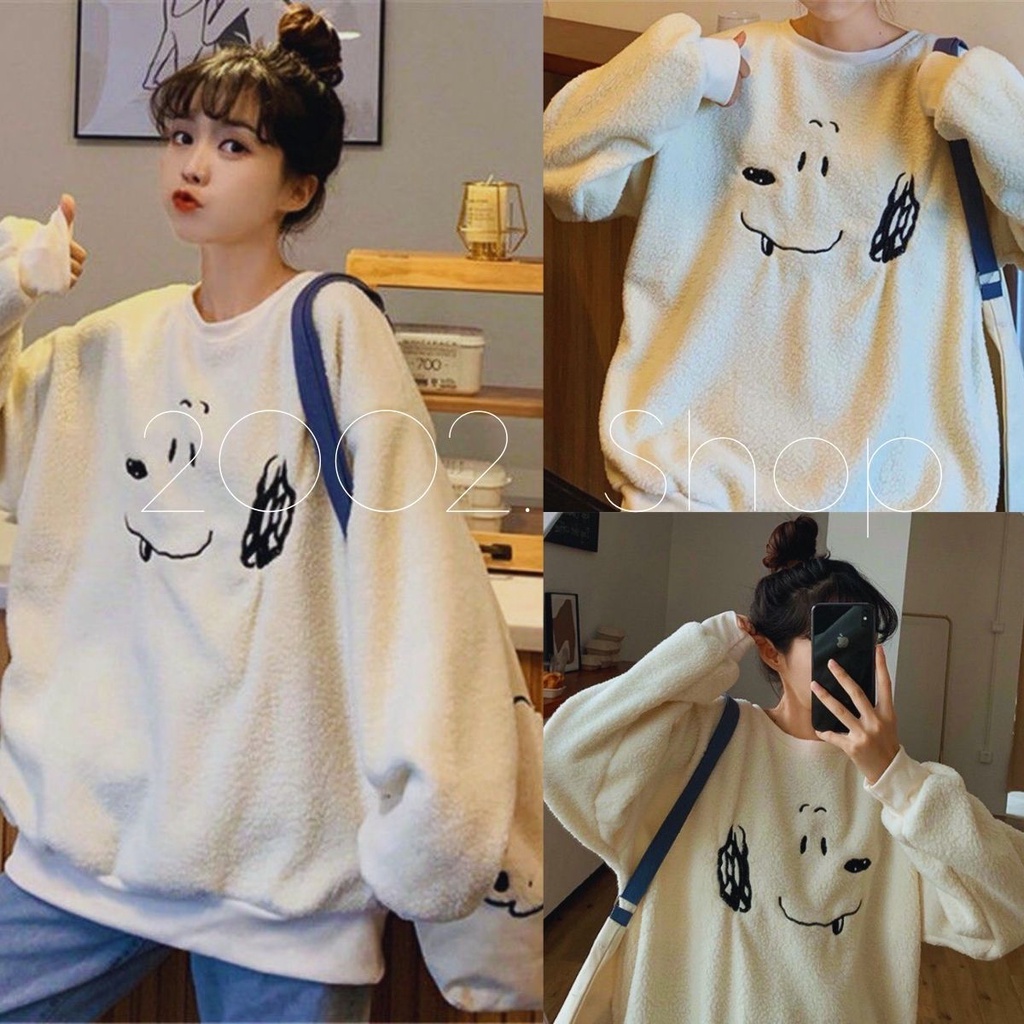 Áo Sweater In Hình Cún 💕 Áo Nỉ Lông Nữ In Hình Dáng Rộng Dài Tay