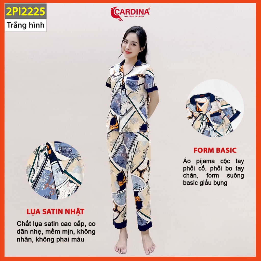Đồ bộ pijama nữ CARDINA chất lụa satin Nhật cao cấp quần dài áo cộc tay họa tiết tinh tế trẻ trung 2Pi22