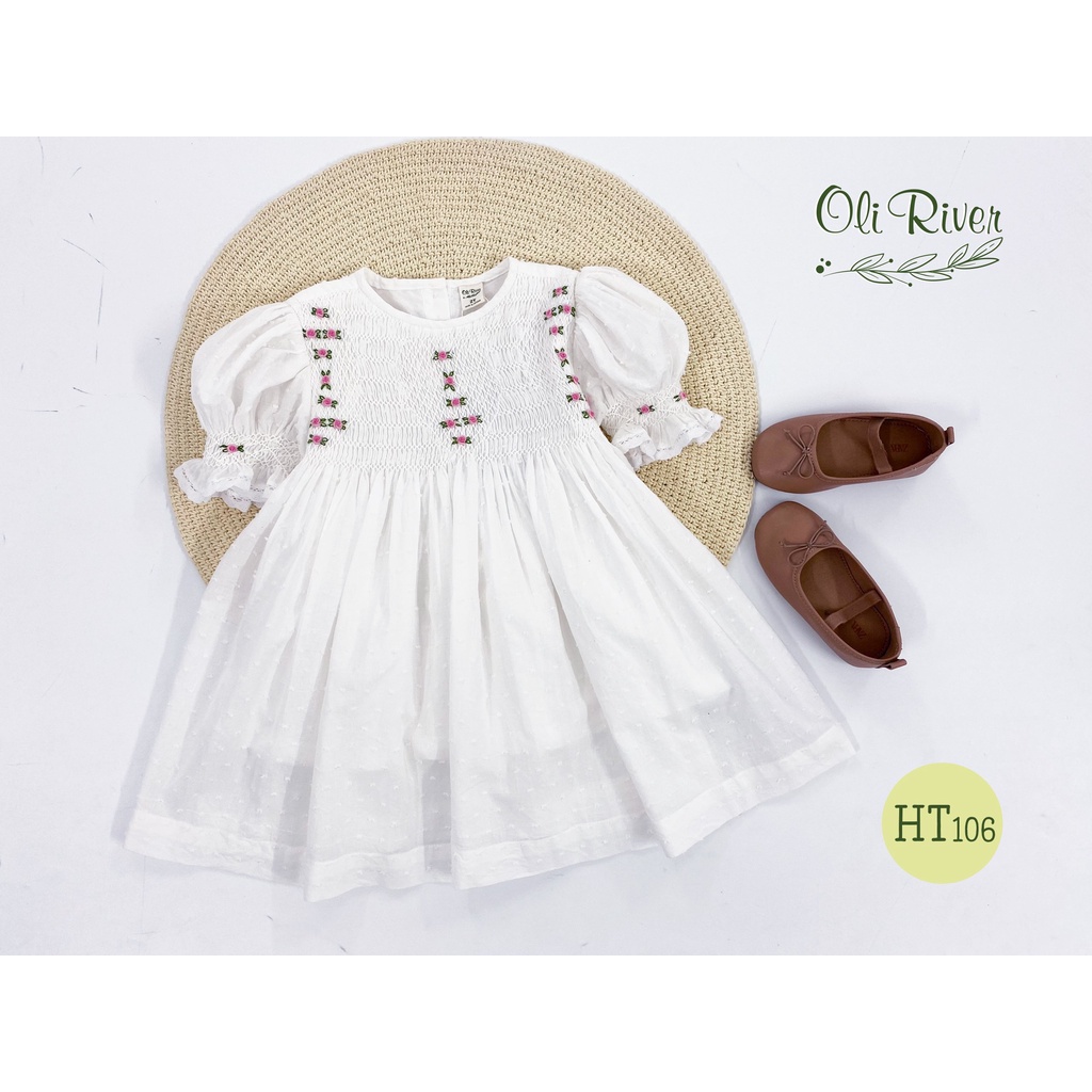 Váy Smock bé gái hạt trắng thêu hoa hồng phối tay chun oli river HT106