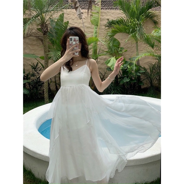 G1- đầm maxi voan bèo trắng 2 dây