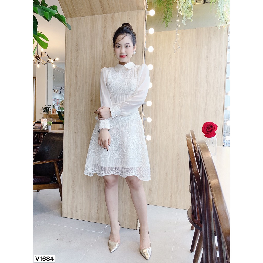 Váy ren kem tay dài cổ đức V1684 - QUEEN SHOP DOLCE VIVA COLLECTION (ảnh người mẫu và ảnh trải sàn do shop tự chụp)