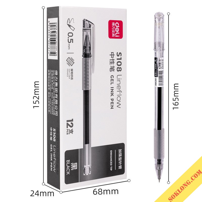Bút gel Deli S108 nét 0.5mm B58 Bút gel đệm tay thân trong mực đen SOKLONG