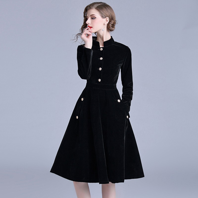 Women's Vintage High Quality Black Velvet Party Midi Dress