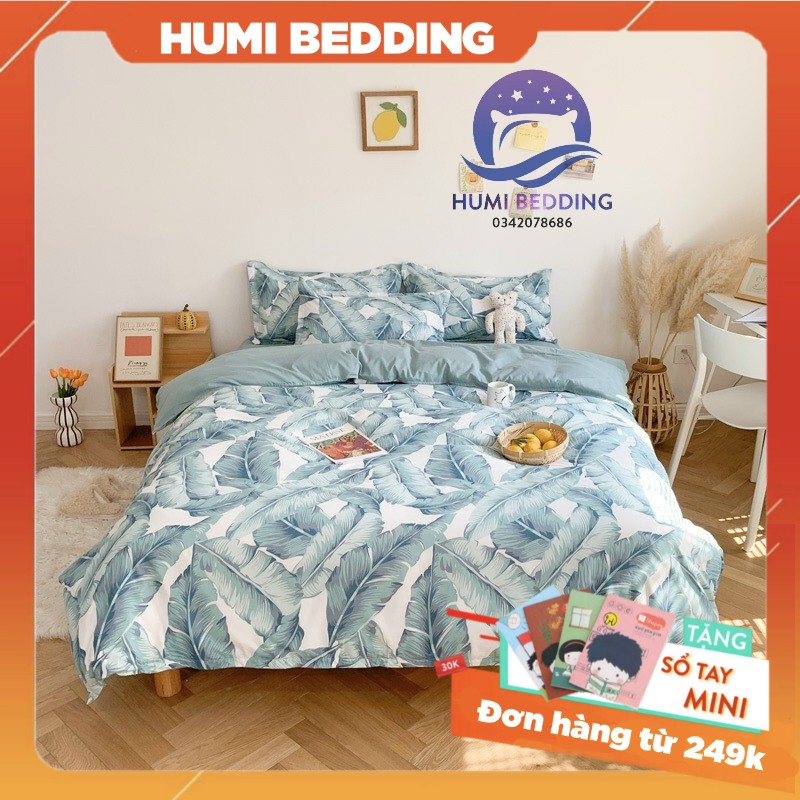 BỘ CHĂN GA GỐI POLY COTTON lá chuối xanh - Bộ Chăn Ga Gối 5 Món Cao Cấp