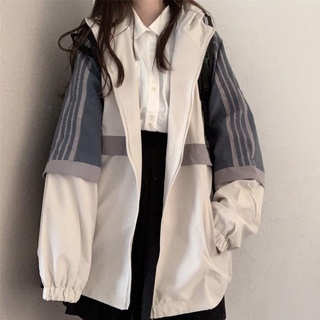 Áo khoác nữ dài tay màu xanh da trời trắng Zip áo khoác sọc phong cách thời trang đơn giản