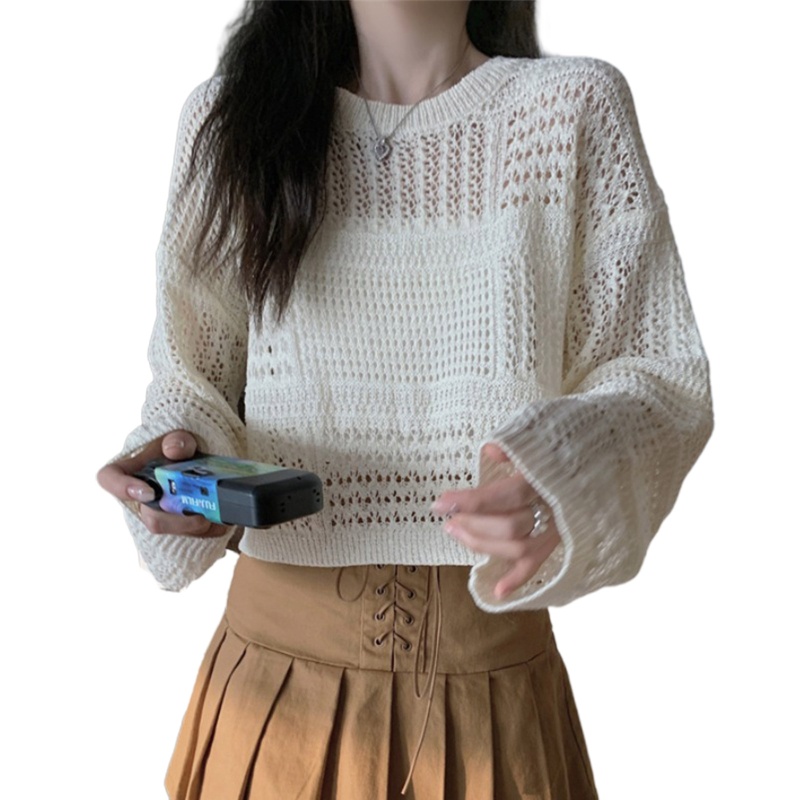 Áo Crop Top Dệt Kim Tay Dài Cổ Tròn Dáng Ôm Khoét Rỗng Thanh Lịch