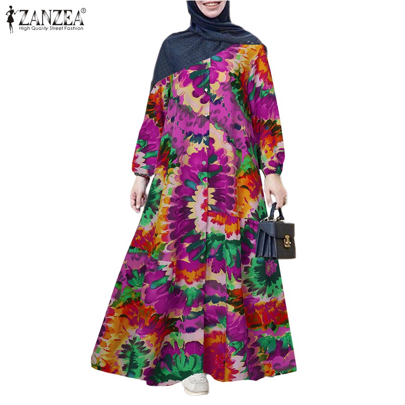 Đầm maxi ZANZEA tay dài in họa tiết kiểu Hồi giáo cổ điển cho nữ