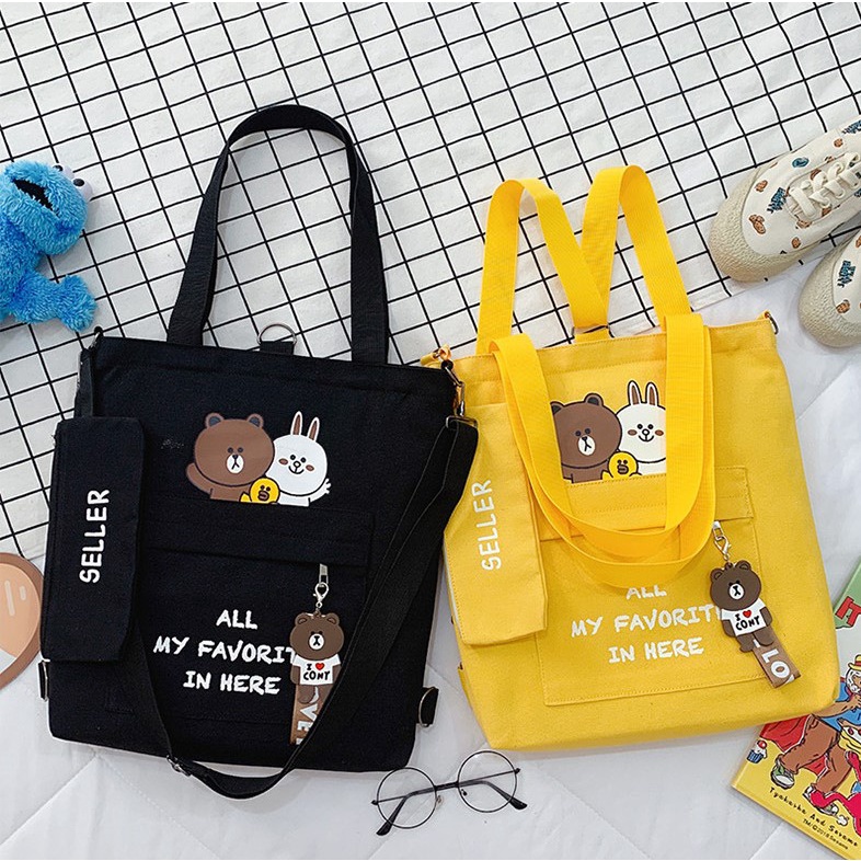 Túi đeo chéo nữ in hình gấu Brown thỏ Cony vịt Sally siêu yêu Túi vải canvas có thể làm Balo mini đeo trên lưng TU02