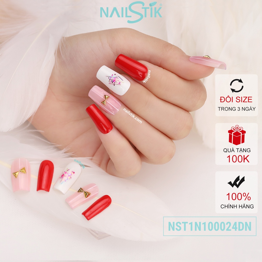 Móng úp thiết kế by NAILSTIK, màu đỏ trắng, form móng ngang, ngắn/dài, 024