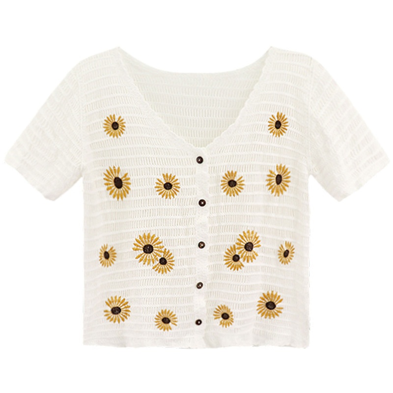 Áo Croptop Dệt Kim Tay Ngắn Cổ Chữ V Thêu Hình Hoa Cúc Thời Trang Mùa Hè Cho Nữ