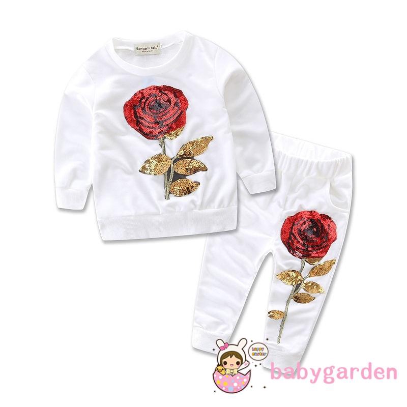 Set áo thun tay dài in chữ &amp; quần dài in hoa cho bé gái