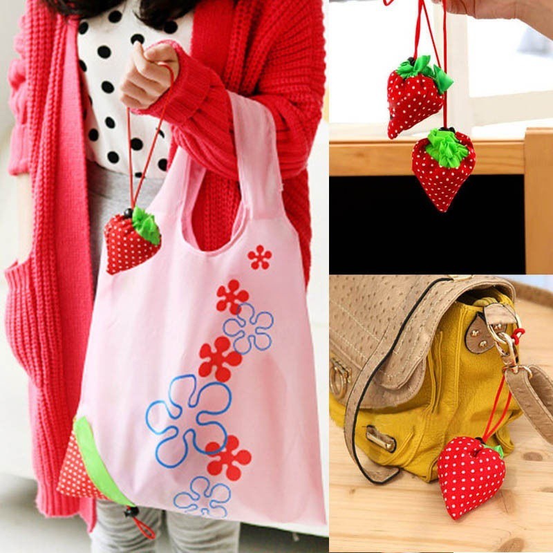 Túi vải dù tái sử dụng thiết kế có thể thu gọn thành hình trái dâu xinh xắn