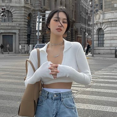 QADCOL  Áo dệt kim màu trắng tay dài cổ chữ V gợi cảm cho nữ