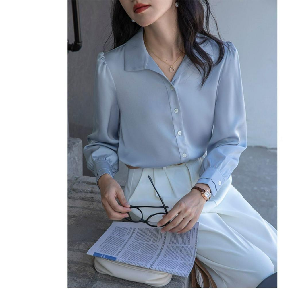 Áo sơ mi nữ dài tay form rộng chất liệu lụa cao cấp mềm mịn áo sơ mi nữ dài tay cổ tay 2 tầng cách điệu độc đáo