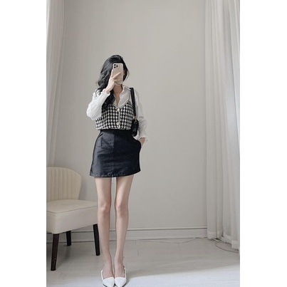 Set sơ mi nhún tay+ áo caro 2 dây by Samhyewear