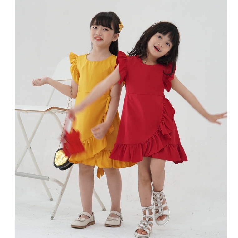 Váy đầm bé gái màu đỏ tay áo cánh tiên cao cấp Sunkid SN4 size trẻ em 4-12 tuổi