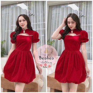 [Ảnh thật] Đầm đỏ xoè bồng cổ viền ngọc khoét ngực dễ thương