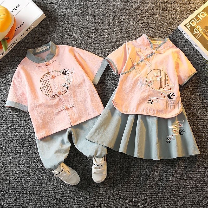 Bộ Trang Phục Hai Mảnh Bằng Vải Lanh Cotton Mỏng Phong Cách Trung Hoa Cho Bé Trai Bé Gái
