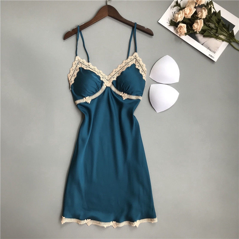 Đầm ngủ satin phối ren có đệm mút nâng ngực gợi cảm dành cho nữ