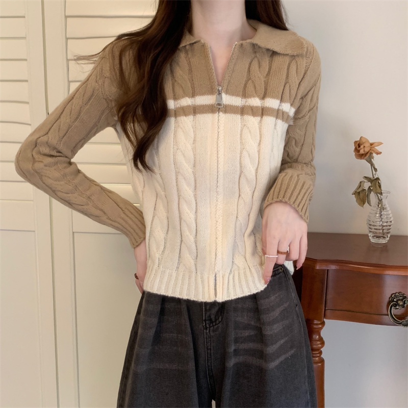 ZHELIHANGFEI Áo Khoác Cardigan Dệt Kim Tay Dài Lưng Cao Phối Khóa Kéo Phong Cách Retro