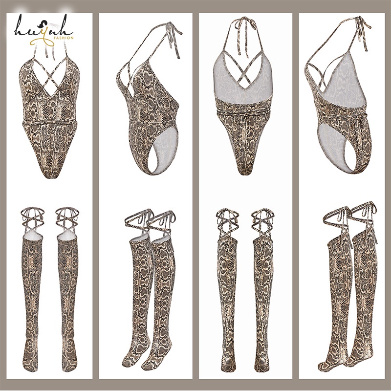 Bộ Đồ Lót Liền Thân Bodysuit Da Rắn Trăn Kèm Tất Qua Gối Đan Dây Sexy - B23