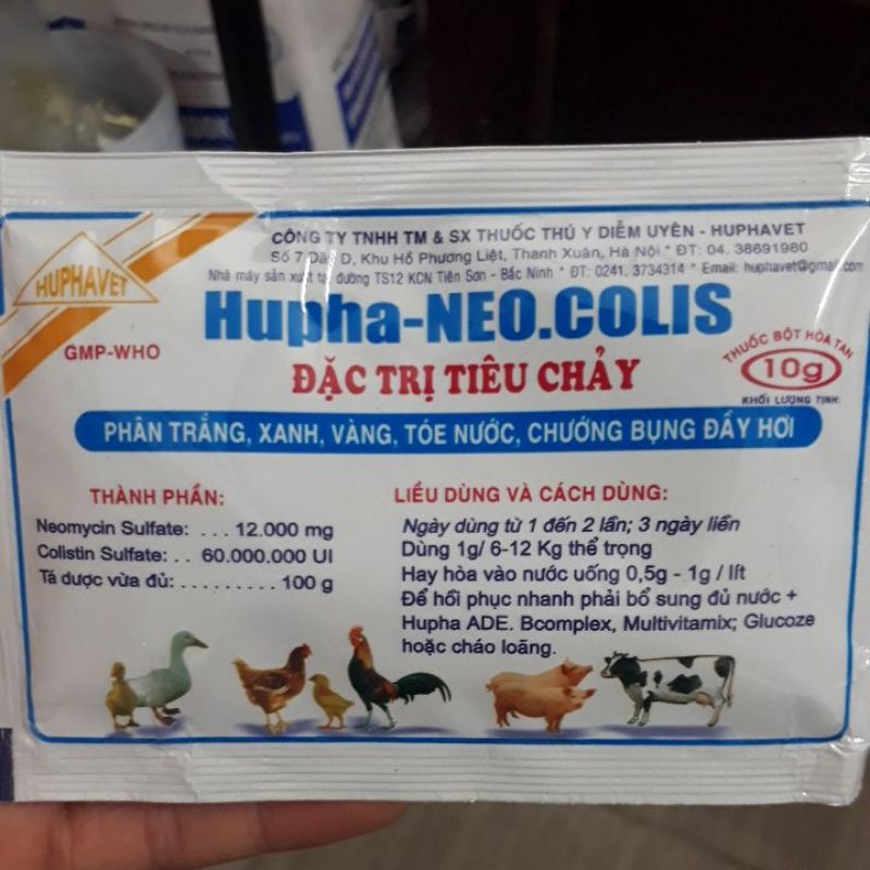 Hupha - NEOCOLIS 10gr -  tiêu chảy, phân xanh, phân trắng, chướng bụng trên gà, vịt, heo, bê, ghé