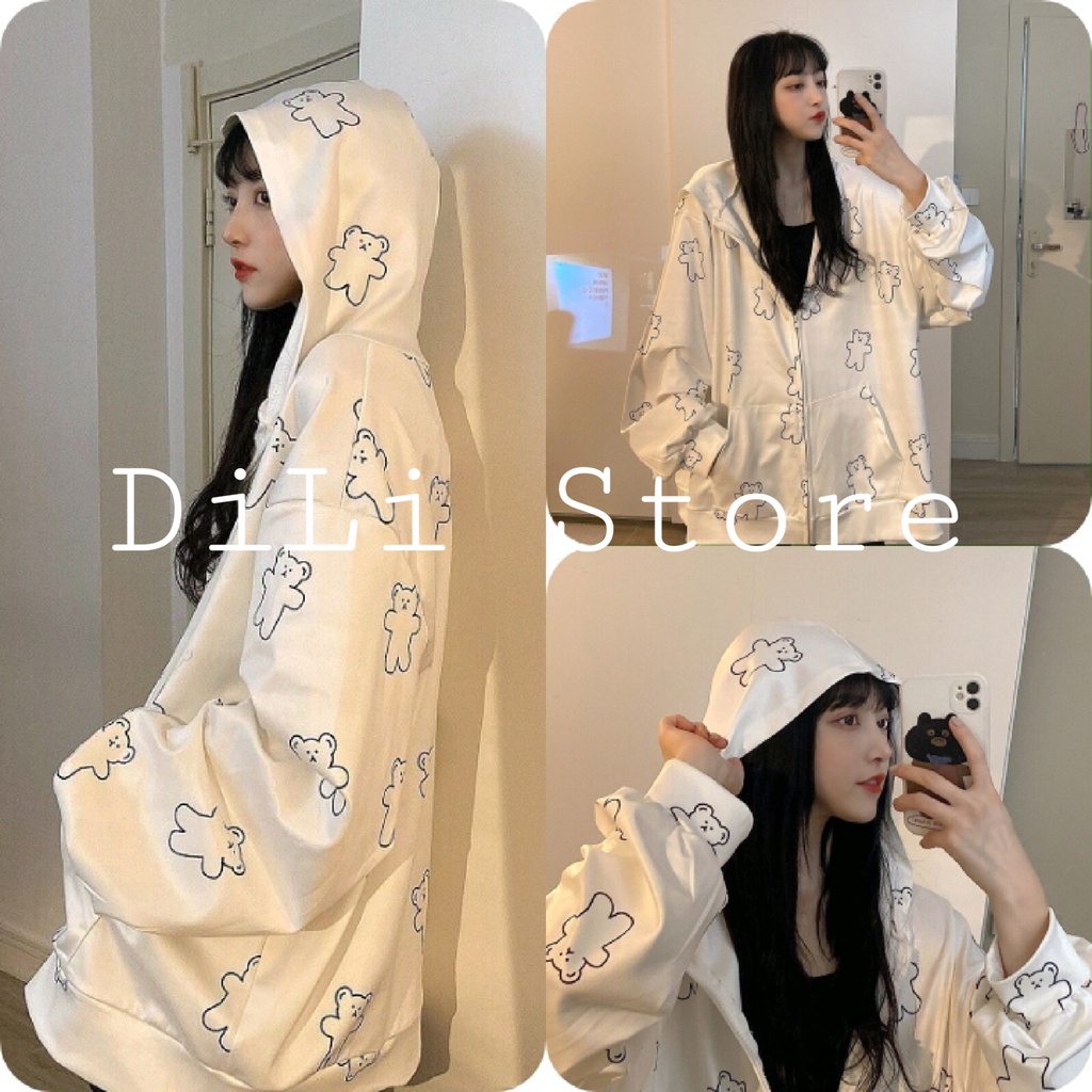 Áo khoác nỉ bông🍉 Áo khoác hình gấu thiết kế dáng hoddie dài tay form rộng unisex có dây kéo ở mũ siêu xinh, jacket nỉi