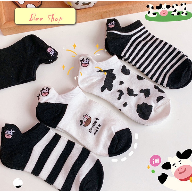 Tất nữ cổ ngắn, vớ cổ ngắn nam nữ vải cotton co giãn họa tiết bò sữa đáng yêu