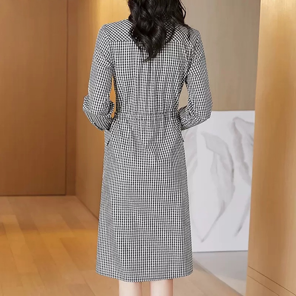 Váy sơ mi nữ dài tay, Đầm sơ mi dáng dài có túi hông kèm dây rút eo, chất thô đũi