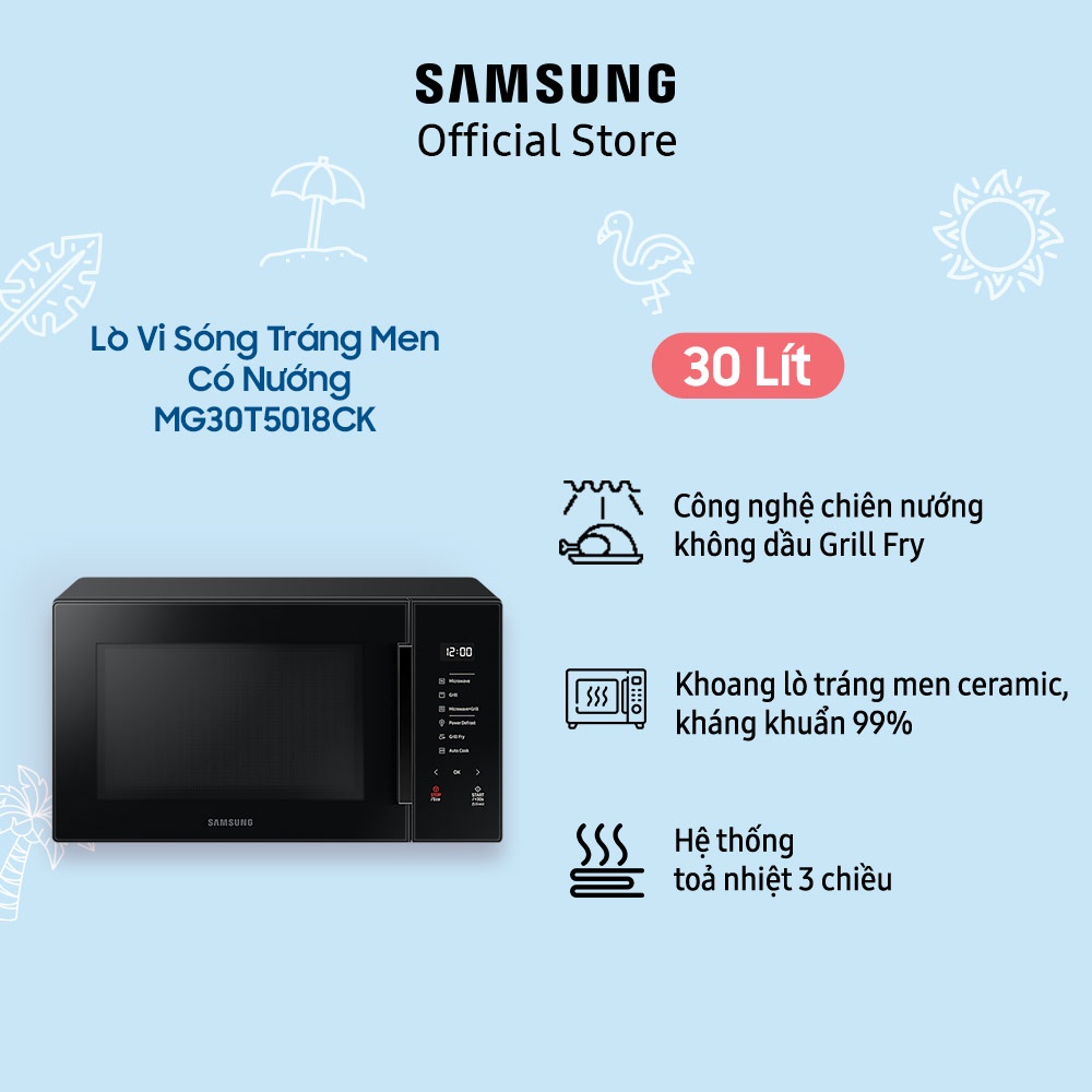 [Mã ELSAM5 giảm 10% đơn 500K] Lò Vi Sóng Tráng Men Có Nướng Samsung MG30T5018CK/SVV(30 lít)