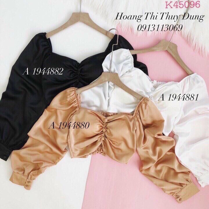 Áo Kiểu Nút Phi Bóng Trễ Vai Nhún Ngực Tay Dài