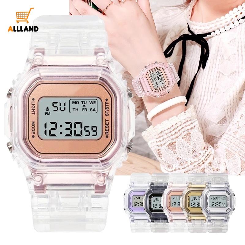 Đồng Hồ Kỹ Thuật Số Mặt Vuông Màu Dạ Quang Trong Suốt Đa Năng Thời Trang Cho Nữ