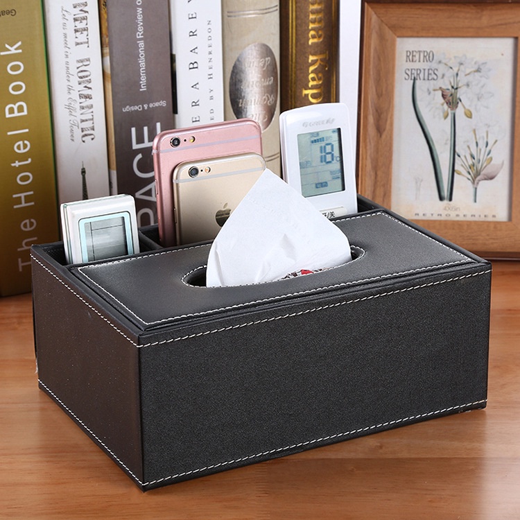 Hộp Đựng Giấy Ăn Bọc Da Cao Cấp Đa Năng, Có 3 Ngăn Tiện Lợi Đựng Điều Khiển TV, Máy lạnh, Điện Thoại