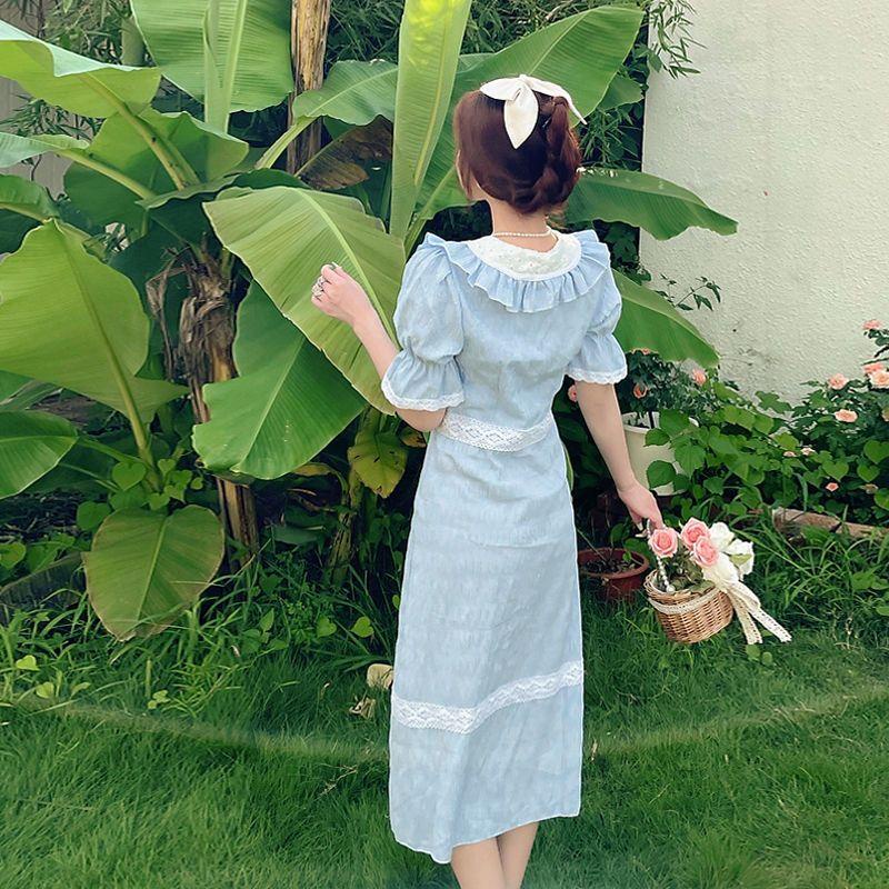 Đầm Nữ Dáng Dài Chiết Eo Màu Trắng / Xanh Sữa Phong Cách Pháp Thanh Lịch