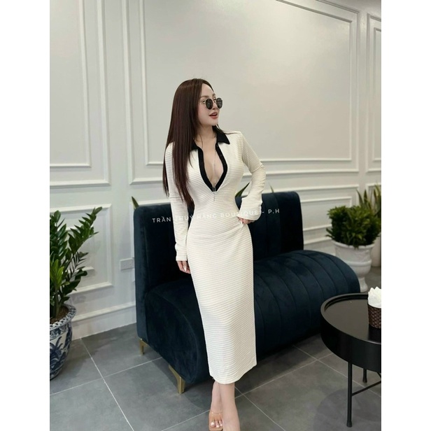 Đầm  Maxi Body Xốp Cổ Polo Tay Dài Núc Cài  Phối Viền