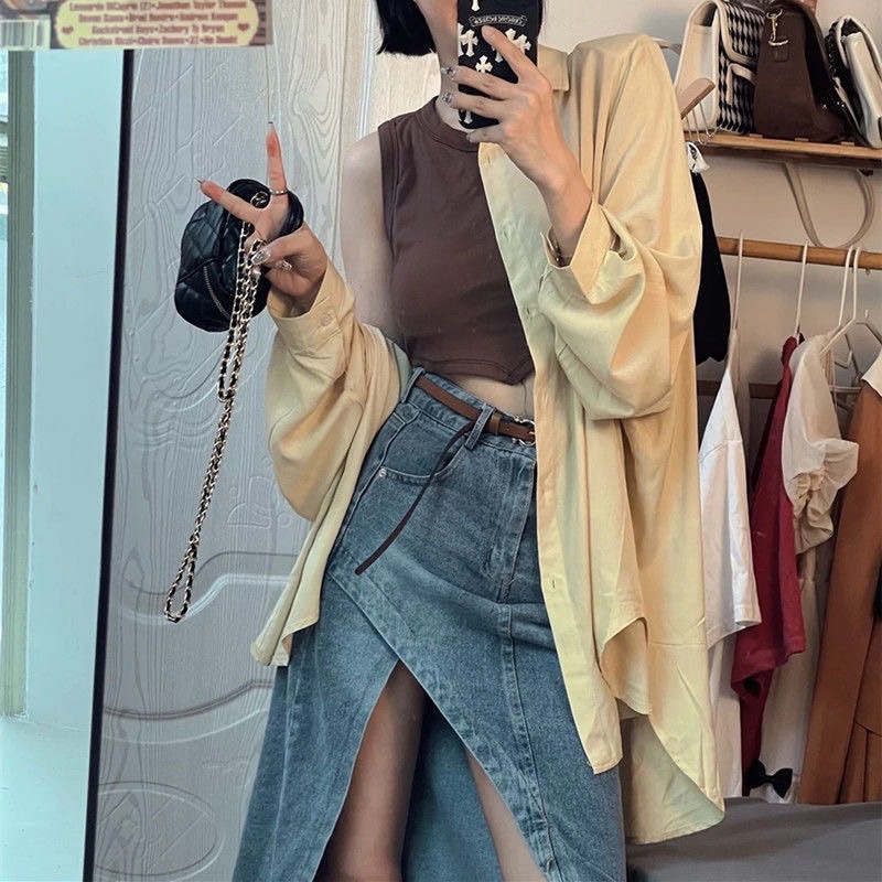 Chân váy jeans dài hack chân có xẻ vạt quyến rũ phong cách ulzzang đường phố kèm ảnh thật