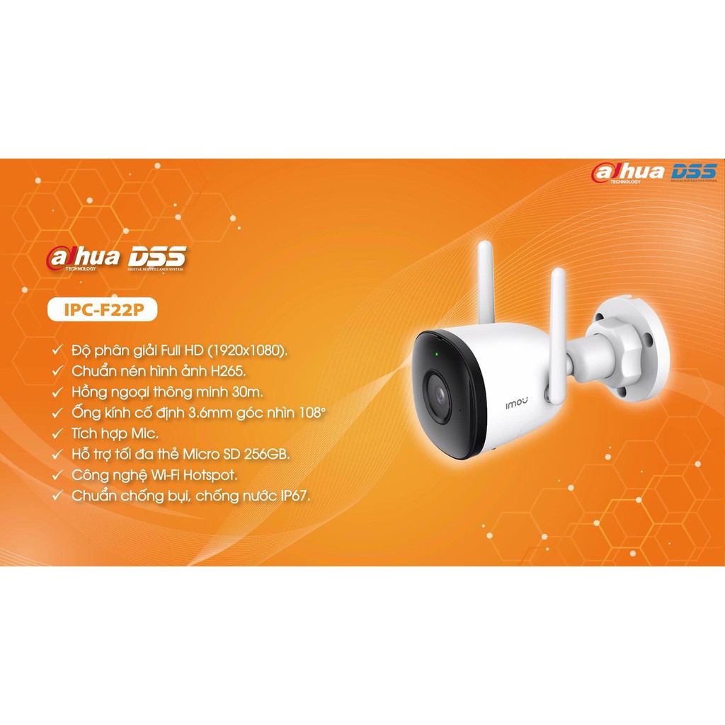 Camera quan sát Wifi ngoài trời IMOU IPC-F22P (Full HD, 2MP, hồng ngoại 30m, tích hợp mic thu âm)