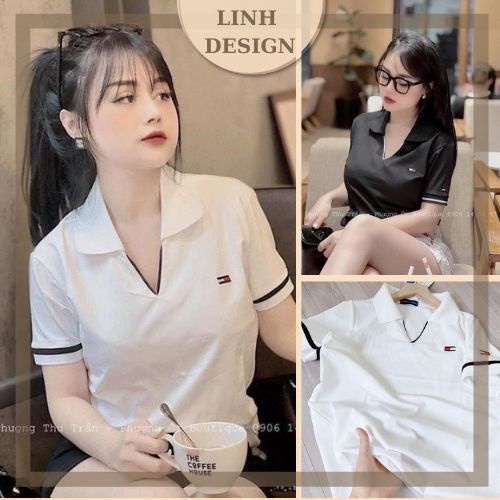 Áo polo nữ Tommy hàng ĐẸP CAO CẤP cổ V phối màu Đen Trắng, áo phông nữ Tomy cổ bẻ, Áo thun nữ có BIGSIZE