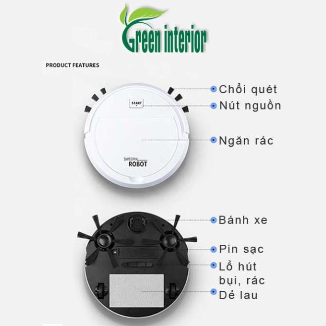Rotbot hút bụi lau nhà thông minh, Robot mini quét nhà lau sàn 3 tính năng hút quét lau nhà_2020T màu trắng