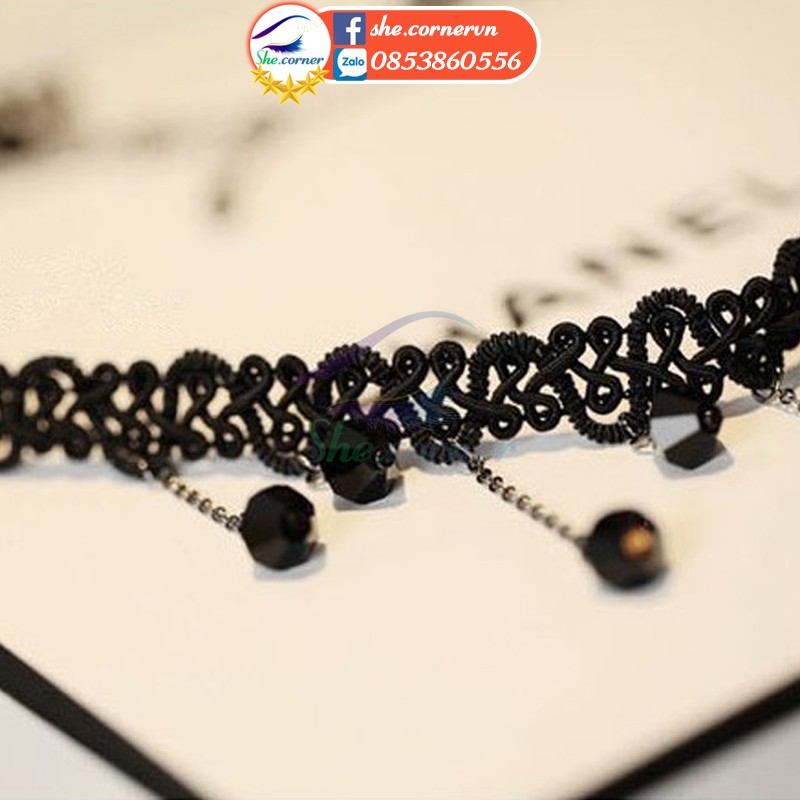 Vòng cổ đính đá tua dua X026 choker xoắn đen huyền bí