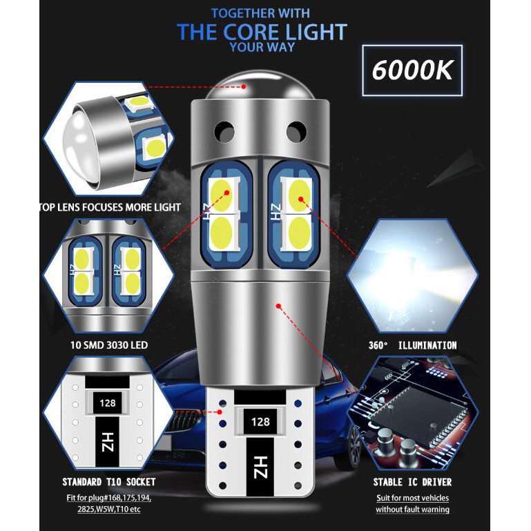 Đèn Led Lymoyo Canbus T10 W5W 194 3030 10 Smd Gắn Bên Trong Xe Hơi